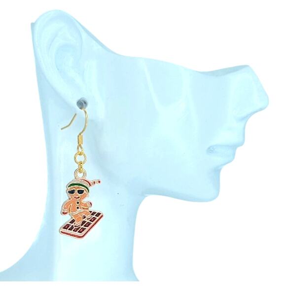 Gingerbread surfing chocolate bar dangle earrings — lightweight holiday jewelry - Picture 2 of 4